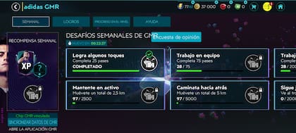 Una vista de los desafíos y logros que propone la plataforma Adidas GMR para hacer con los pies y sumar puntos en el juego