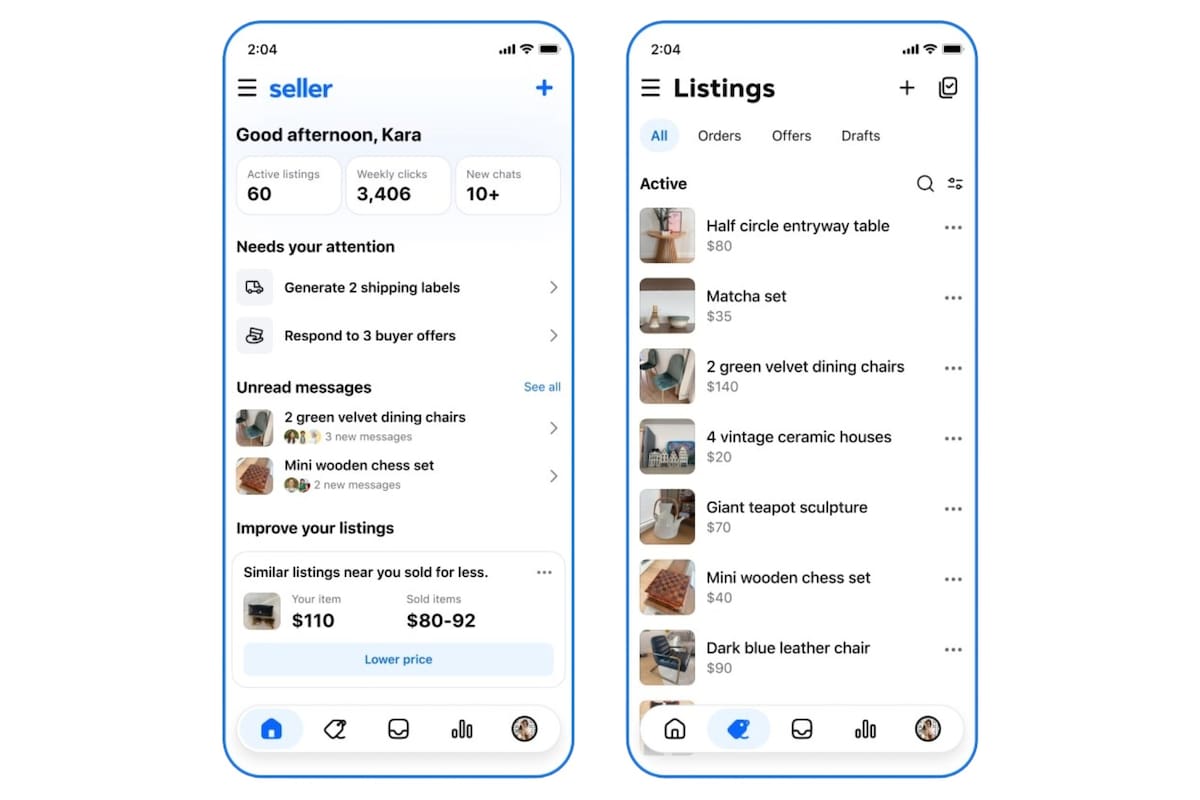 Una vista de Seller, la app que Meta está probando para vendedores de Facebook Marketplace