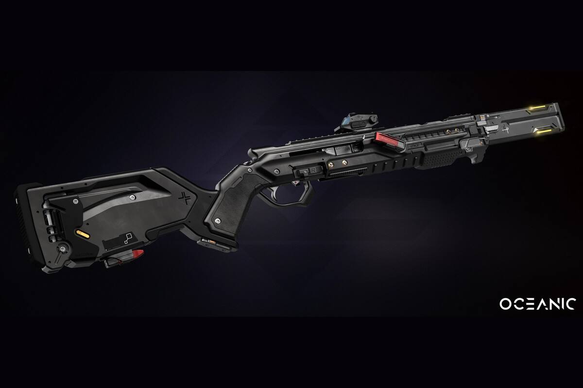 Una vista del arma futurista Mastodon, un diseño que fue copiado por Kalashnikov, según una denuncia del desarrollador independiente Ward B