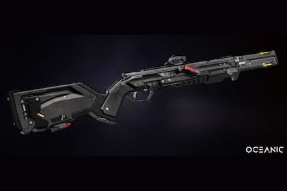 Una vista del arma futurista Mastodon, un diseño que fue copiado por Kalashnikov, según una denuncia del desarrollador independiente Ward B