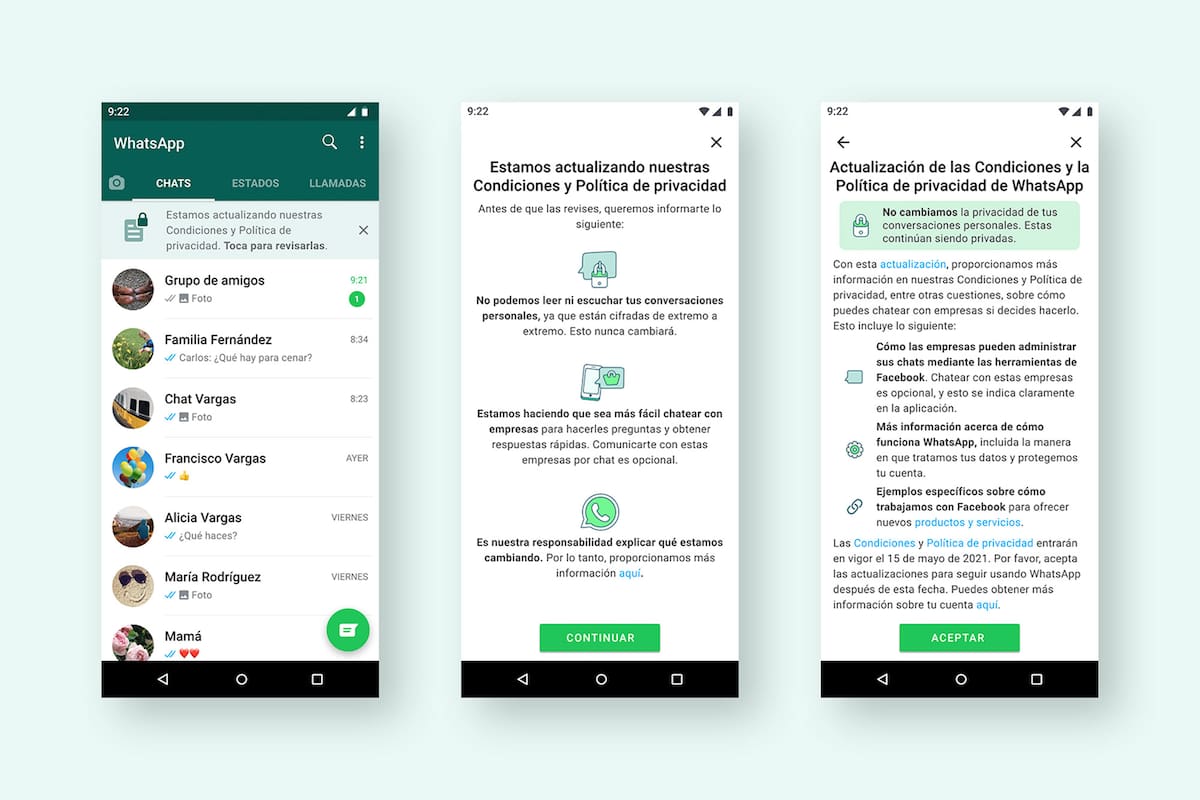 Una vista del aviso de los cambios en las condiciones y políticas de privacidad de WhatsApp, disponibles en la parte superior de la sección de conversaciones