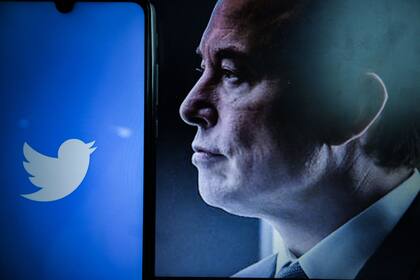 Una vista del logotipo de la empresa estadounidense de redes sociales Twitter en la pantalla de un smartphone junto a un retrato del empresario Elon Musk