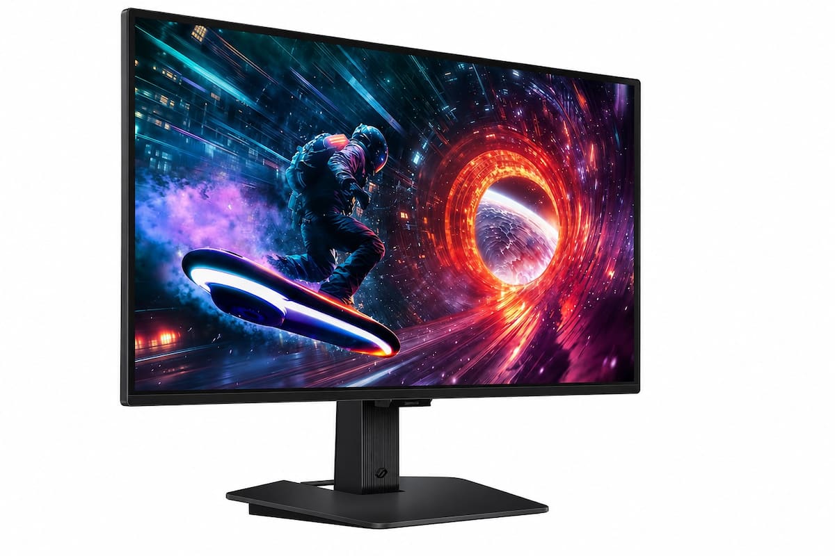 Una vista del monitor gamer Odyssey G5 de Samsung, que ofrece un panel de 27 pulgadas con resolución QHD y tasa de refresco a 180Hz