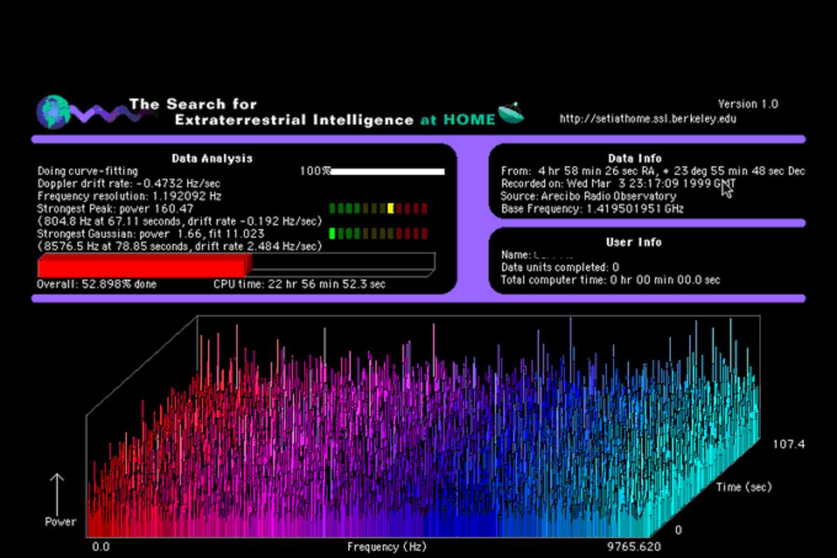 Una vista del programa utilizado por los voluntarios del programa SETI@Home, que ofrecían parte de la capacidad de cálculo de sus computadoras para analizar los datos recolectados por el radiotelescopio de Arecibo y el telescopio Green Bank