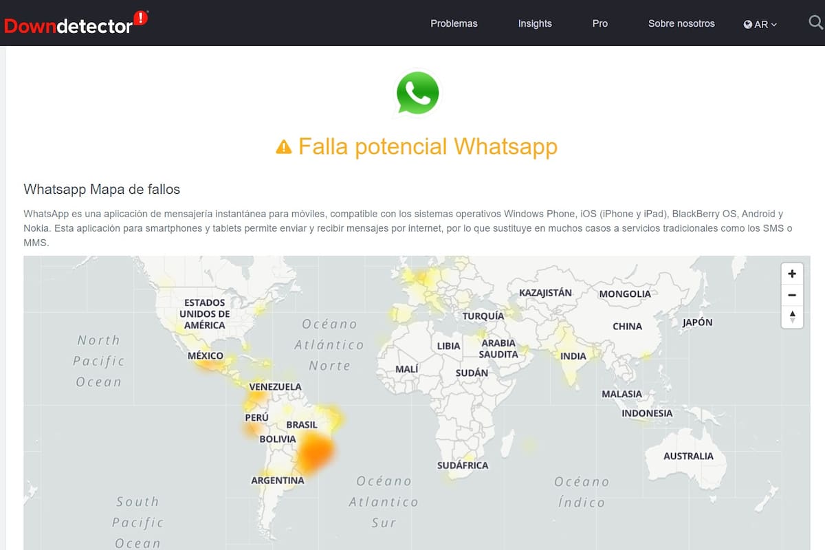 Una vista del sitio Downdetector con las zonas que reportaron problemas de funcionamiento de WhatsApp, basados en las quejas de los usuarios publicadas en las redes sociales