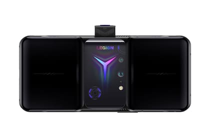 Una vista en la parte posterior del Legion Phone Duel 2, con el área de botones hápticos con el sistema de luces LED y la refrigeración mecánica con ventiladores