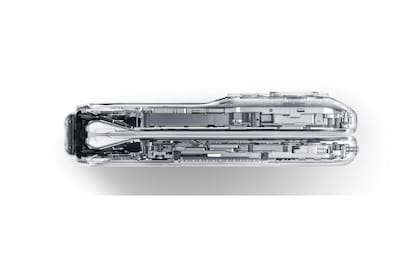Una vista lateral del Oppo Find N. En el lado izquierdo, la pantalla no tiene un punto de flexión, sino que se dobla en múltiples curvas generando una silueta de gota