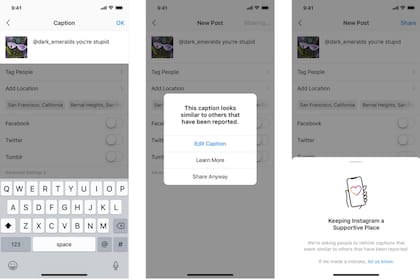 Una vista previa de la advertencia que emitirá Instagram tras detectar un texto ofensivo