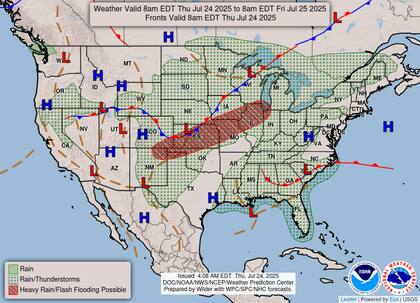 Una zona de baja presión en el Golfo de México provocará lluvias torrenciales desde Florida hasta Louisiana este jueves, desplazándose hacia Texas el viernes con tormentas localmente intensas