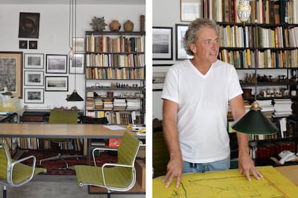 Unas mesas de hierro y madera con una biblioteca a tono se combinan con sillas ‘Aluminum’ de Herman Miller. Los libros, pinturas, fotos en blanco y negro, los objetos antiguos y la alfombra persa le dan a su rincón de trabajo el tono de gabinete de curiosidades tan propio de su dueño.