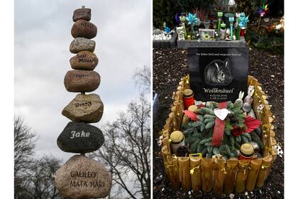 Unas piedras inscritas con los nombres de mascotas enterradas en un área común y una tumba de un conejo