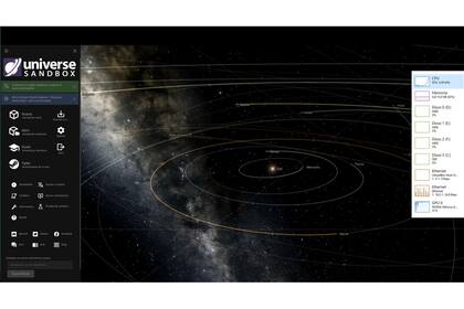 Universe Sandbox, una simulación realista que también explota al máximo la capacidad de procesamiento en paralelo del GPU, como se ve en el Administrador de tareas, a la derecha, abajo; otra parte del cálculo, en cambio, requiere que use el CPU (a la derecha, arriba)