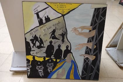 Uno de los 27 cuadros que forman parte de la muestra de arte Homenaje a las Víctimas de Puerta 12, que Boca inaugura este jueves, a 54 años de la tragedia en el estadio de River.