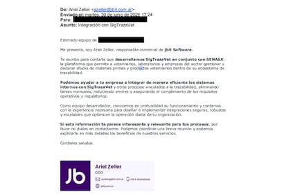 Uno de los correos que llegaron a los laboratorios y empresas del sector