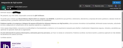 Uno de los correos que llegaron a los laboratorios y empresas del sector