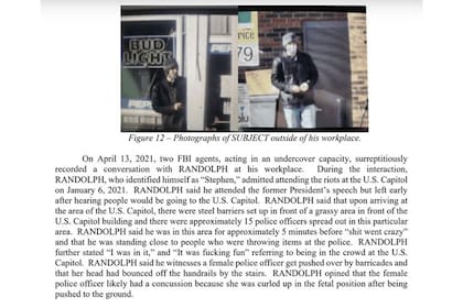 Uno de los documentos publicados por el FBI, cuando agentes encubiertos lograron comprobar la identidad de Stephen Chase Randolph, acusado de participar en los disturbios en el Capitolio