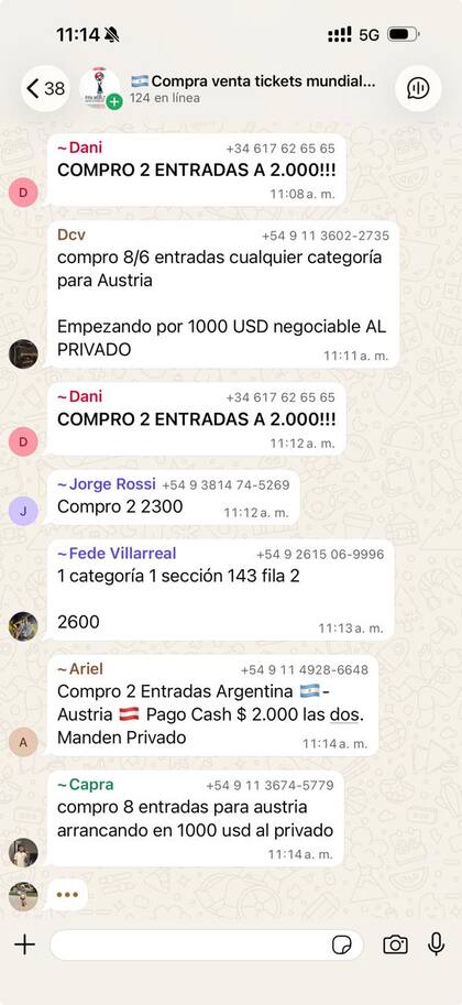 Uno de los grupos de WhatsApp donde los hinchas pedían la reventa