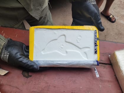 Uno de los ladrillos de cocaína secuestrados en la ambulancia, con el logo del delfín