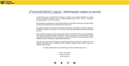 Uno de los mails fraudulentos enviados el año pasado en la cadena de phishing con supuestas encomiendas retenidas por el Correo Argentino