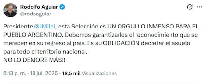Uno de los mensajes de Aguiar al Presidente