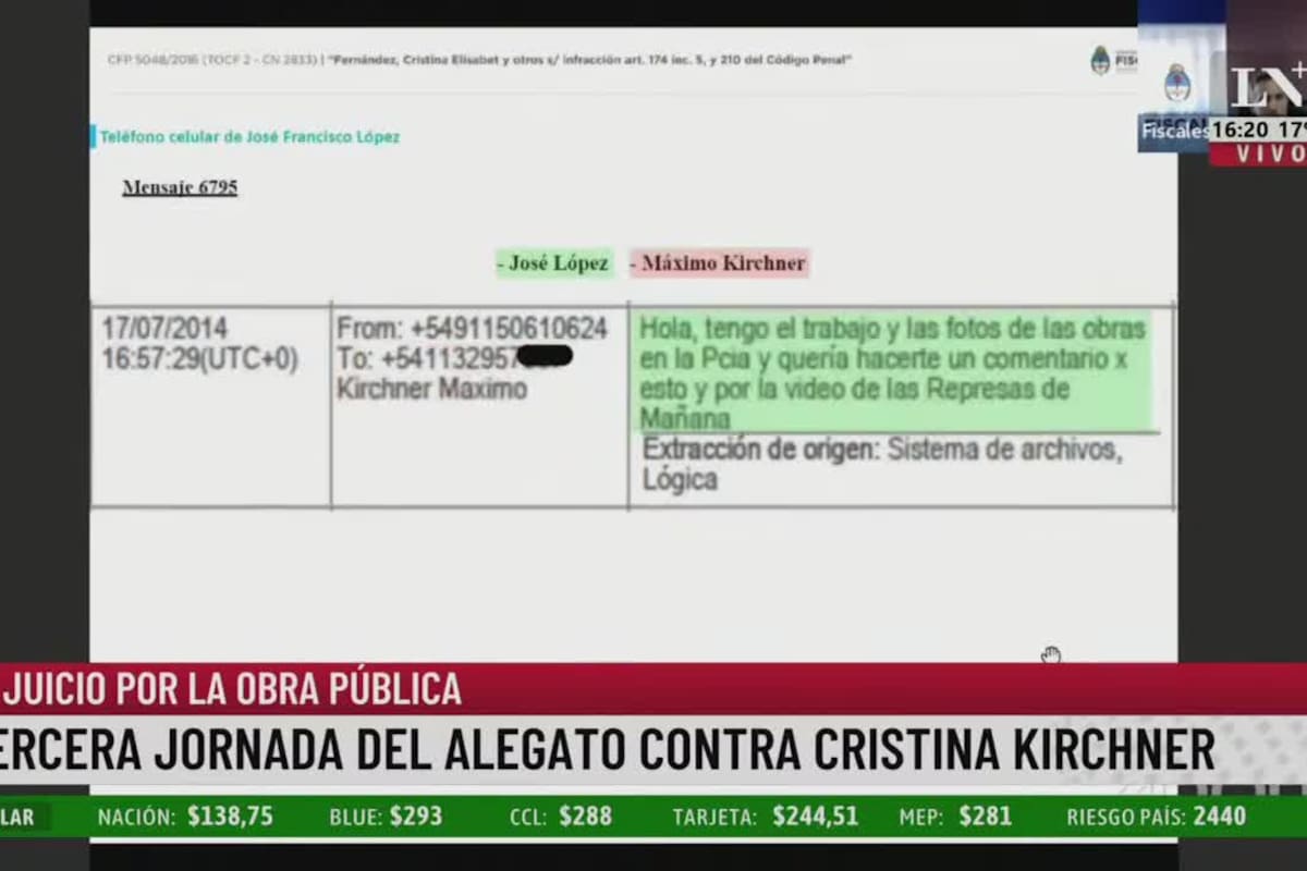 Uno de los mensajes entre Máximo Kirchner y José López
