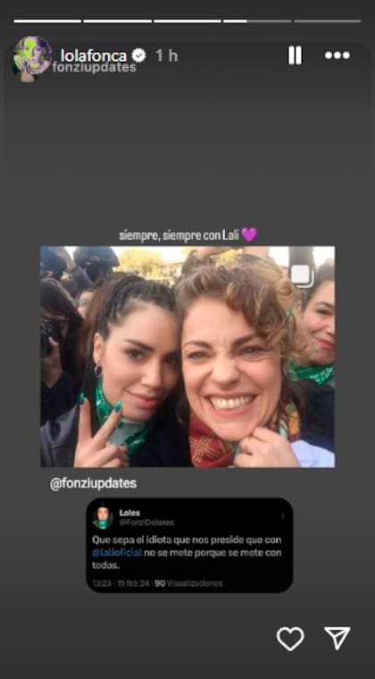 Uno de los mensajes que Dolores Fonzi le dedicó a Lali Espósito en sus redes sociales, tras los dichos del Presidente