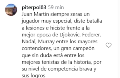 Uno de los mensajes que recibió Juan Martín del Potro (Foto: Captura Instagram/@delpotrojuan)