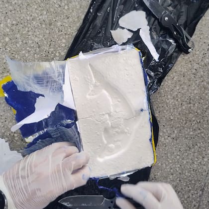 Uno de los panes de cocaína con el sello del delfín, marca vinculada al origen del cargamento incautado por Prefectura