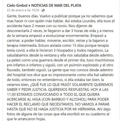 Uno de los posteos de Cielo Grebol (el que acompaña las fotos que están más arriba), amiga de Lourdes Suárez, pidiendo explicaciones por lo que pasó con la joven