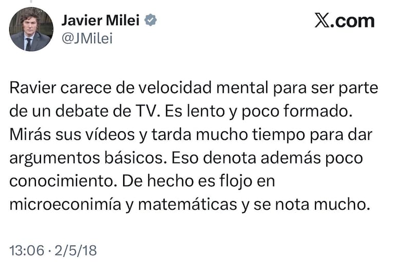 Uno de los posteos de Milei de 2018