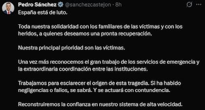 Uno de los posteos de Sánchez referido a la tragedia ferroviaria