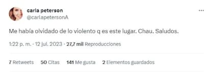 Uno de los tuits de Carla Peterson