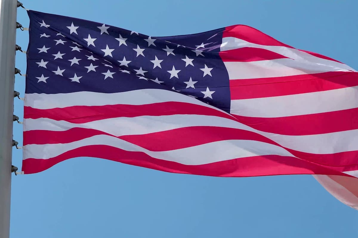 USA, flag is fluttering in the wind photo on the background of the sky, outdoors. National flag