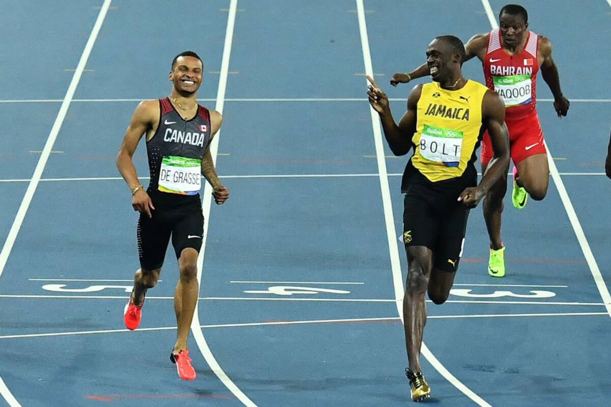 Usain Bolt se divierte con Andre de Grasse. Hoy es difícil concebir una carrera en otra dirección.