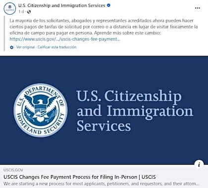 Uscis recordó que ahora se pueden hacer ciertos pagos de tarifas de solicitud por correo o a distancia
