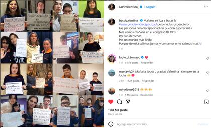 Valentina Bassi se mostró en contra del recorte presupuestario en discapacidad con un posteo en sus redes en el que convocó a su seguidores a participar de la marcha (Foto: Captura Instagram @bassivalentina_)