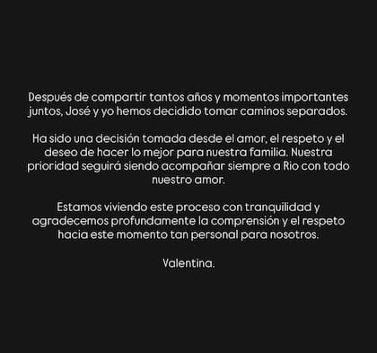 Valentina Ferrer confirmó la separación a través de este comunicado en sus historias de Instagram, en el que aseguró que la decisión fue tomada “desde el amor y el respeto”