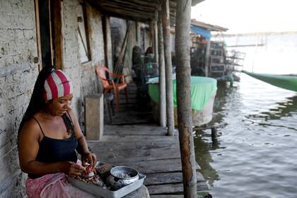 Vandeka, pela cangrejos para hacer moqueca, comida brasileña, fuera de su casa