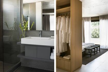 Vanitory (Page y Faena) laqueado en gris, en formato flotante para poder limpiar por abajo y con espacio para toallas de reposición. Por seguridad, para estas unidades es preferible elegir box de ducha, no bañadera. Todas las ventanas tienen black out 'hotelero', corredizos.