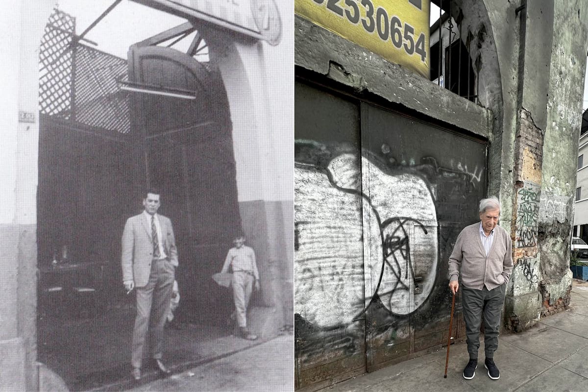 Vargas LLosa, hace 55 años y hoy, frente al edificio del emblemático bar La Catedral que inmortalizó en su novela