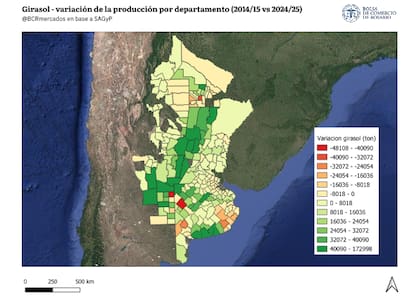Variación de la producción de girasol por departamento