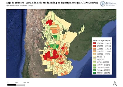 Variación de la producción de la soja de primera por departamento