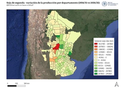 Variación de la producción de soja de segunda por departamento