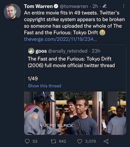 Varias cuentas han tuiteado películas enteras en varios fragmentos, desafiando los sistemas de detección de violación de derechos de autor de Twitter