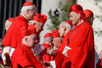 Varios cardenales se saludan mientras esperan que comience un consistorio en la Plaza de San Pedro, en el Vaticano, donde el papa Francisco creará 21 nuevos cardenales, el 30 de septiembre de 2023. (Foto AP/Riccardo De Luca)