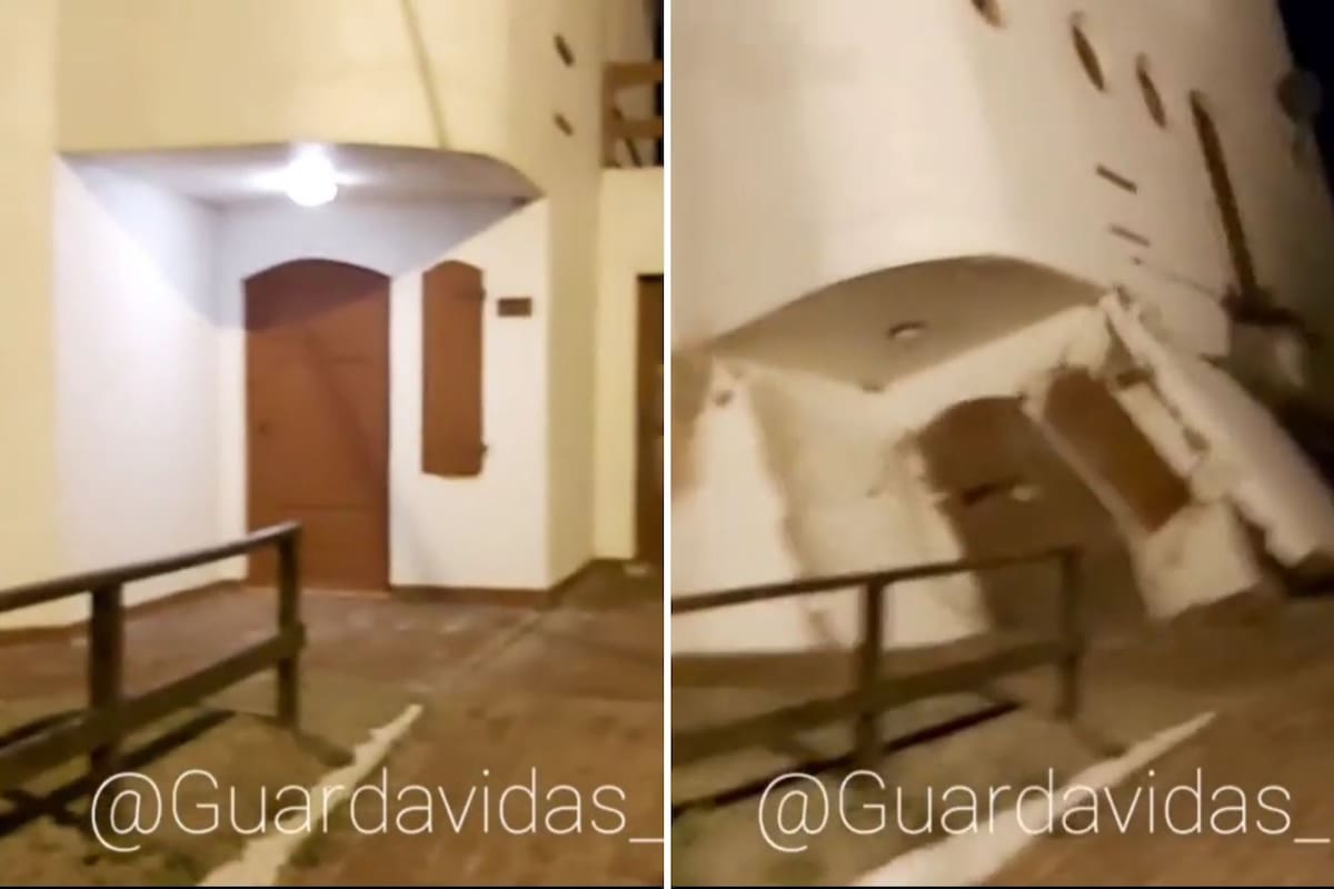 Vecinos grabaron el momento en el que la estructura de dos pisos cede ante el efecto de las olas y se desploma sobre un acantilado