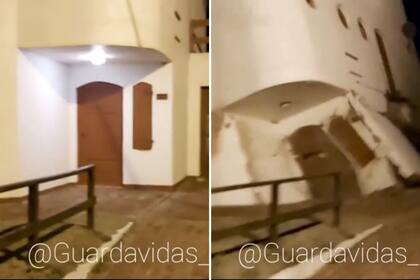 Vecinos grabaron el momento en el que la estructura de dos pisos cede ante el efecto de las olas y se desploma sobre un acantilado