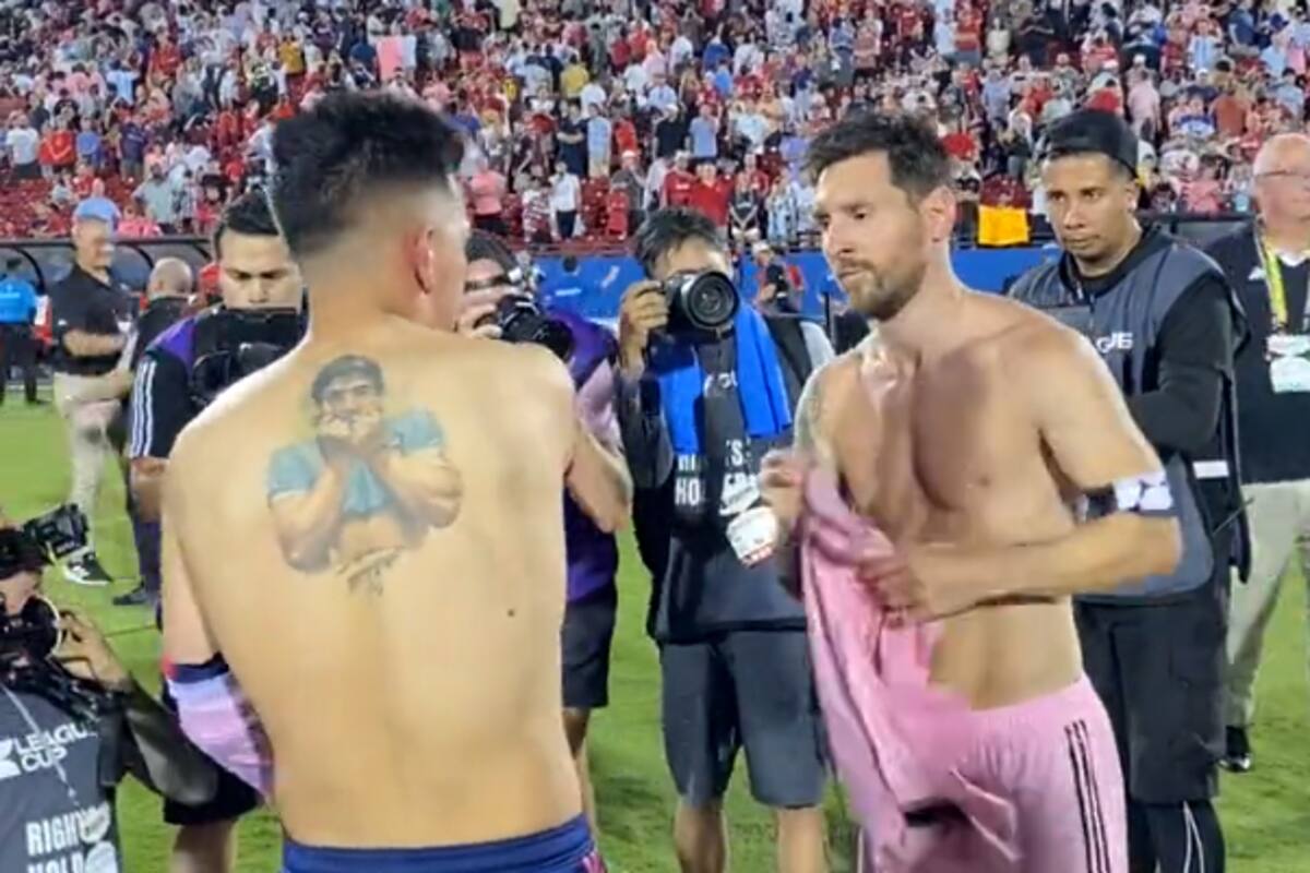 Velasco intercambia su camiseta con Messi y expone al mundo su tatuaje de Diego Maradona