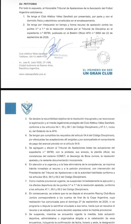 Vélez apeló el fallo del Tribunal de Disciplina sobre Boca y pidió que no se juegue el partido contra Racing el domingo.