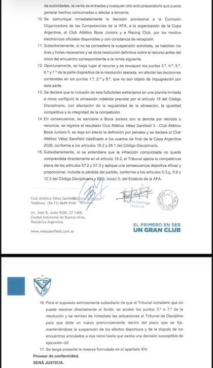 Vélez apeló el fallo del Tribunal de Disciplina sobre Boca y pidió que no se juegue el partido contra Racing el domingo.